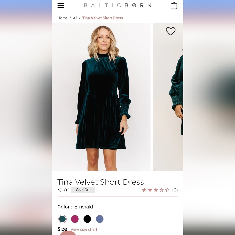 Baltic Born Tina Velvet Dress Emerald Small NWT
